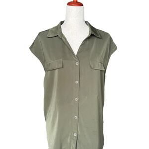 Lotusmile Olive Green Button-Down Blouse | Cap Sleeves, Pockets, Size Large